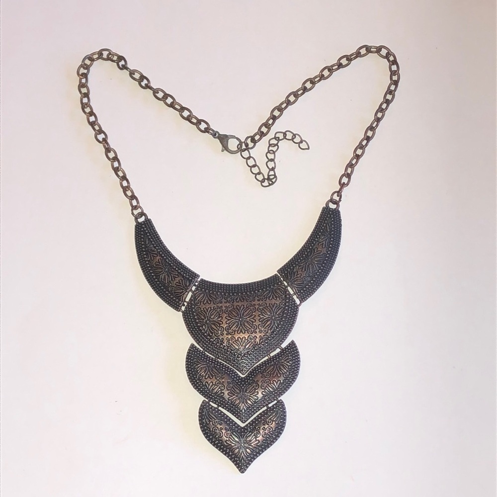 Boho Etched Chevron Bib Necklace in Antique Bronze